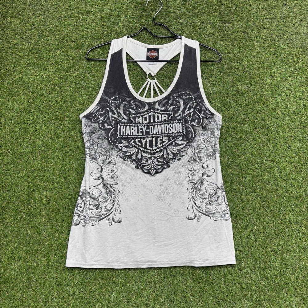 Harley Davidson Tank Top Womens Large White Tribal Racer Back Rhinestones y2k